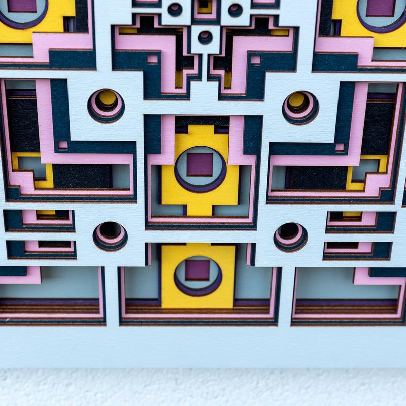 Noughts and crosses. An original multi layered artwork designed using geometric and symmetrical patterns. Unique statement wall décor.