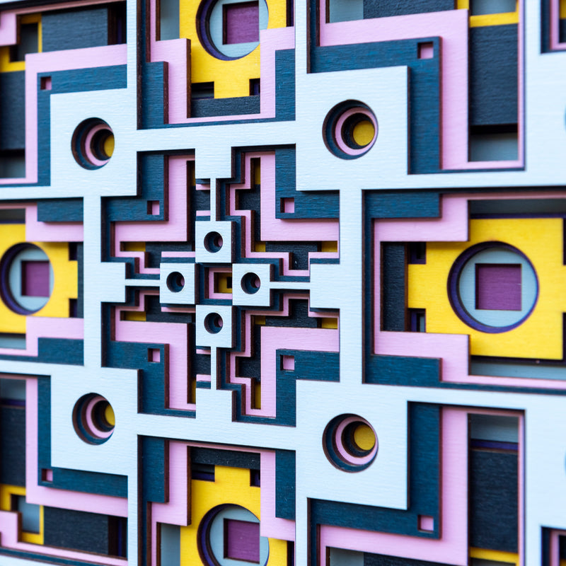 Noughts and crosses. An original multi layered artwork designed using geometric and symmetrical patterns. Unique statement wall décor.