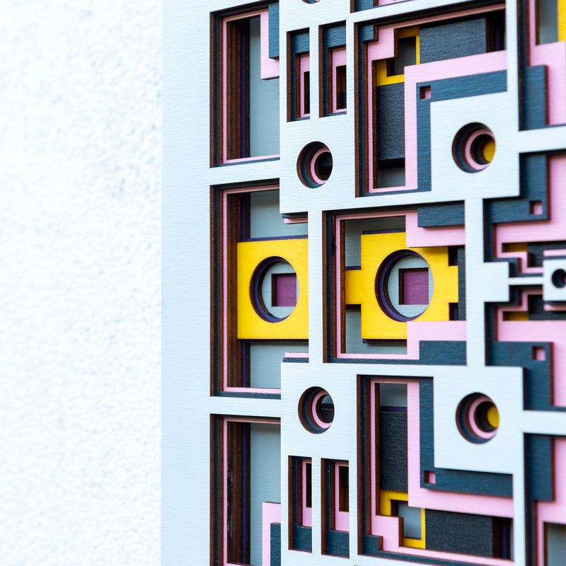 Noughts and crosses. An original multi layered artwork designed using geometric and symmetrical patterns. Unique statement wall décor.