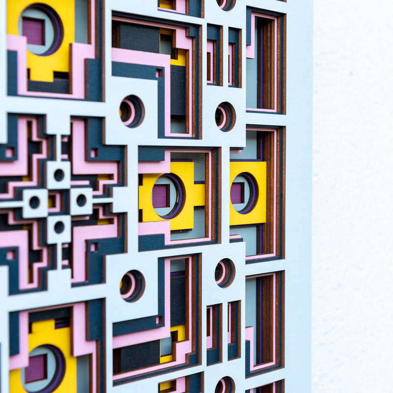 Noughts and crosses. An original multi layered artwork designed using geometric and symmetrical patterns. Unique statement wall décor.