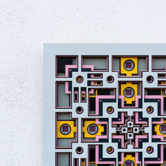 Noughts and crosses. An original multi layered artwork designed using geometric and symmetrical patterns. Unique statement wall décor.