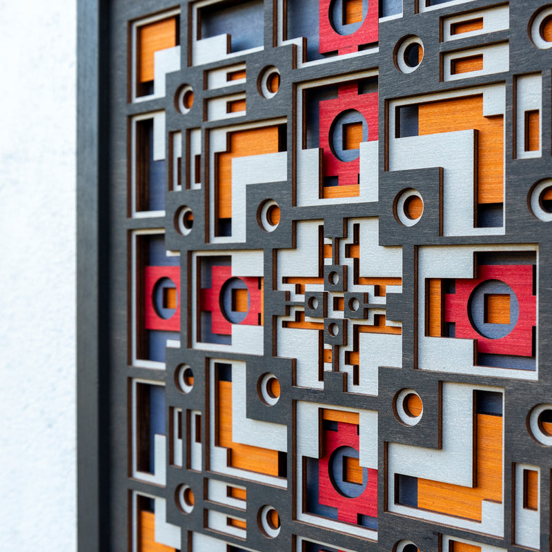 Noughts and crosses. A layered plywood artwork designed using geometric and symmetrical patterns. visually balanced wall art.