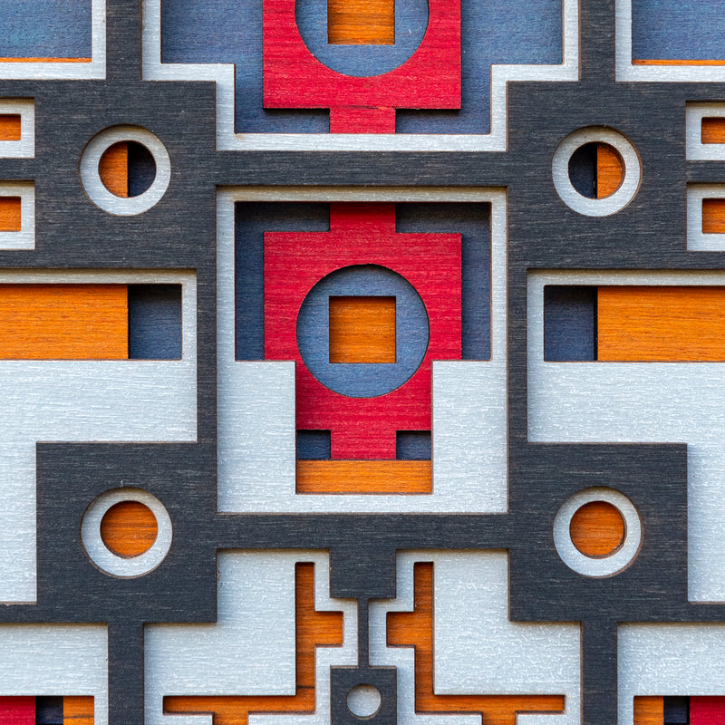 Noughts and crosses. A layered plywood artwork designed using geometric and symmetrical patterns. visually balanced wall art.