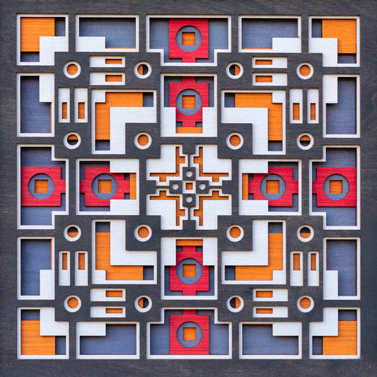 Noughts and crosses. A layered plywood artwork designed using geometric and symmetrical patterns. visually balanced wall art.