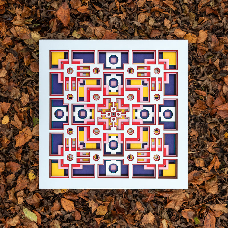 Noughts and crosses. An original multi layered artwork designed using geometric and symmetrical patterns. Unique statement wall décor.