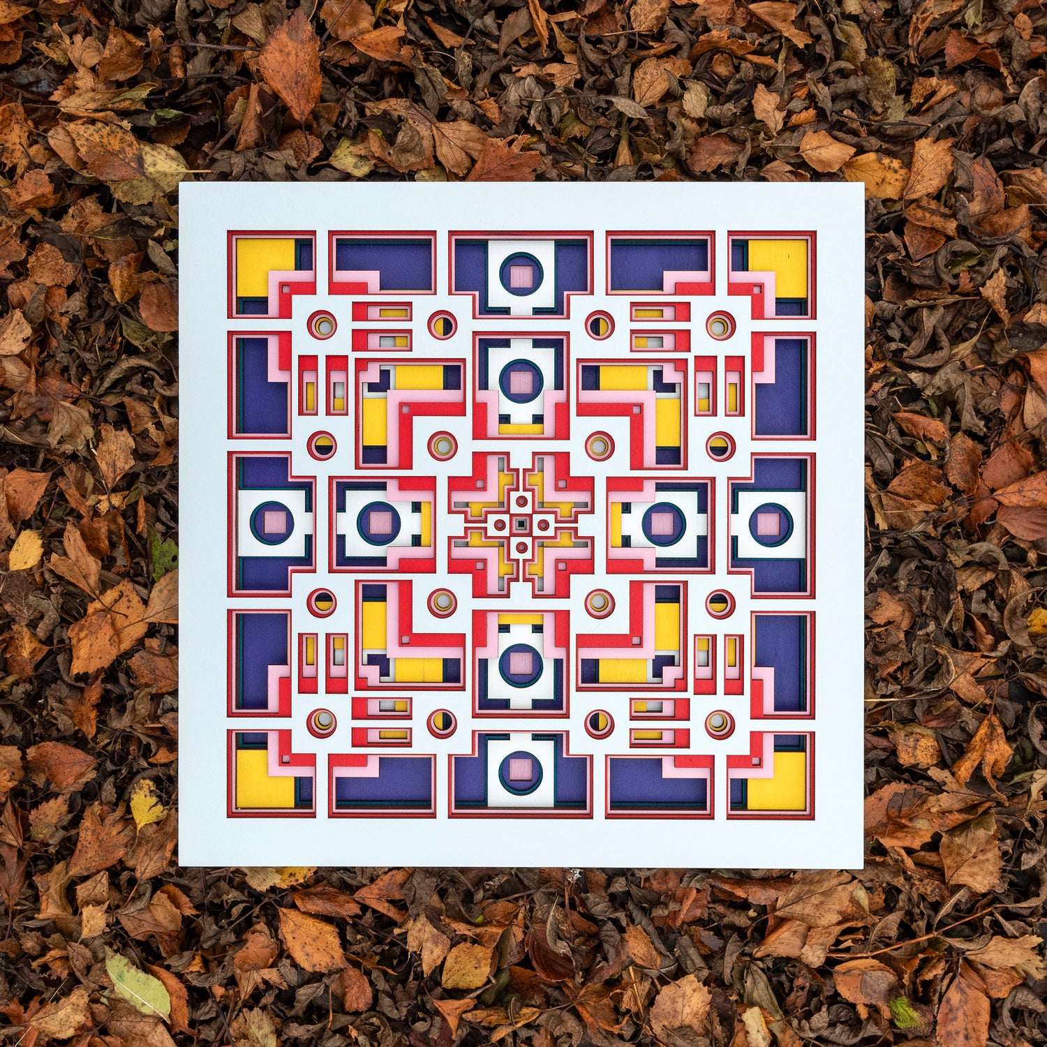 Noughts and crosses. An original multi layered artwork designed using geometric and symmetrical patterns. Unique statement wall décor.