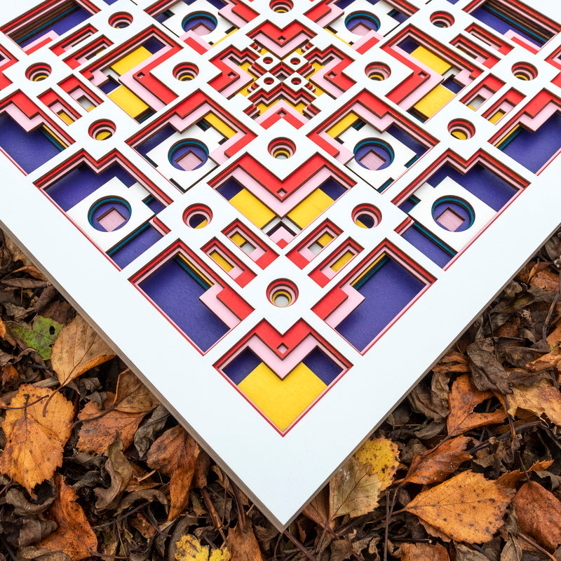 Noughts and crosses. An original multi layered artwork designed using geometric and symmetrical patterns. Unique statement wall décor.