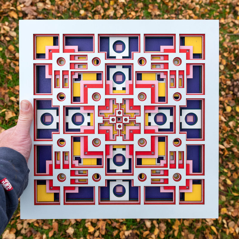 Noughts and crosses. An original multi layered artwork designed using geometric and symmetrical patterns. Unique statement wall décor.