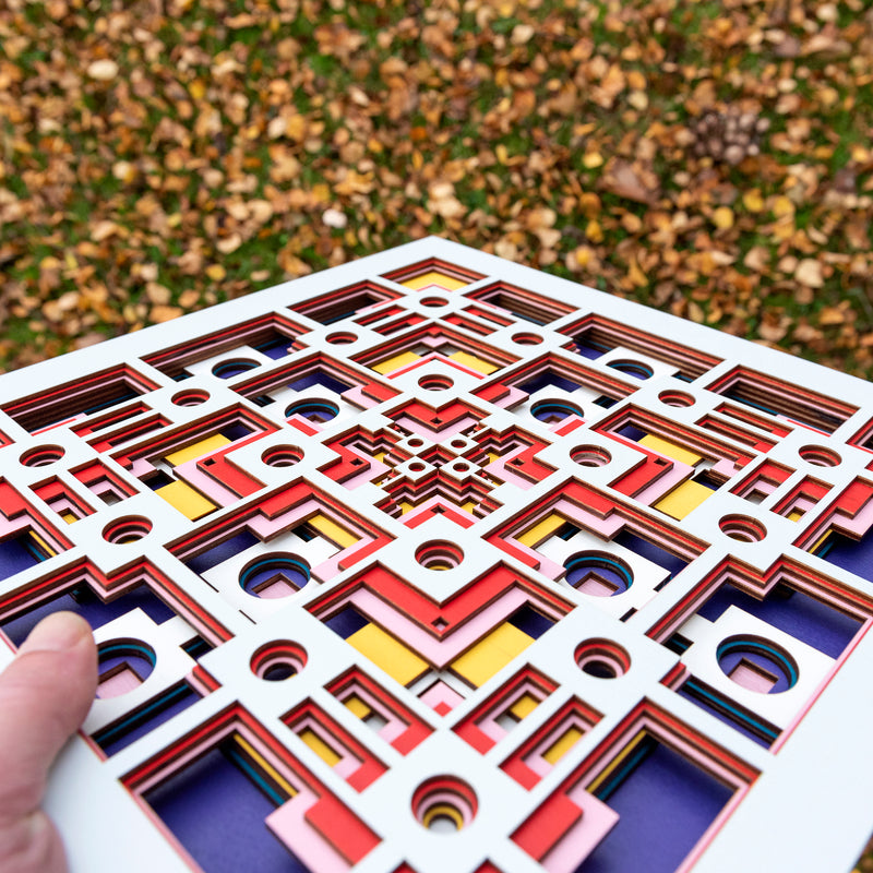 Noughts and crosses. An original multi layered artwork designed using geometric and symmetrical patterns. Unique statement wall décor.