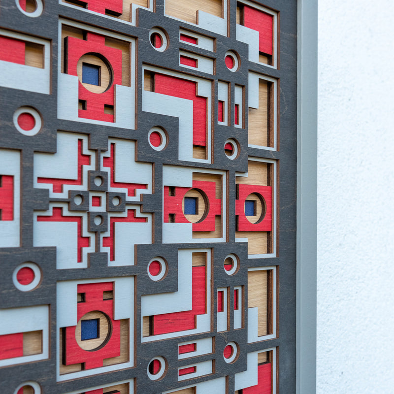 Noughts and crosses. A layered plywood artwork designed using geometric and symmetrical patterns. visually balanced wall art.