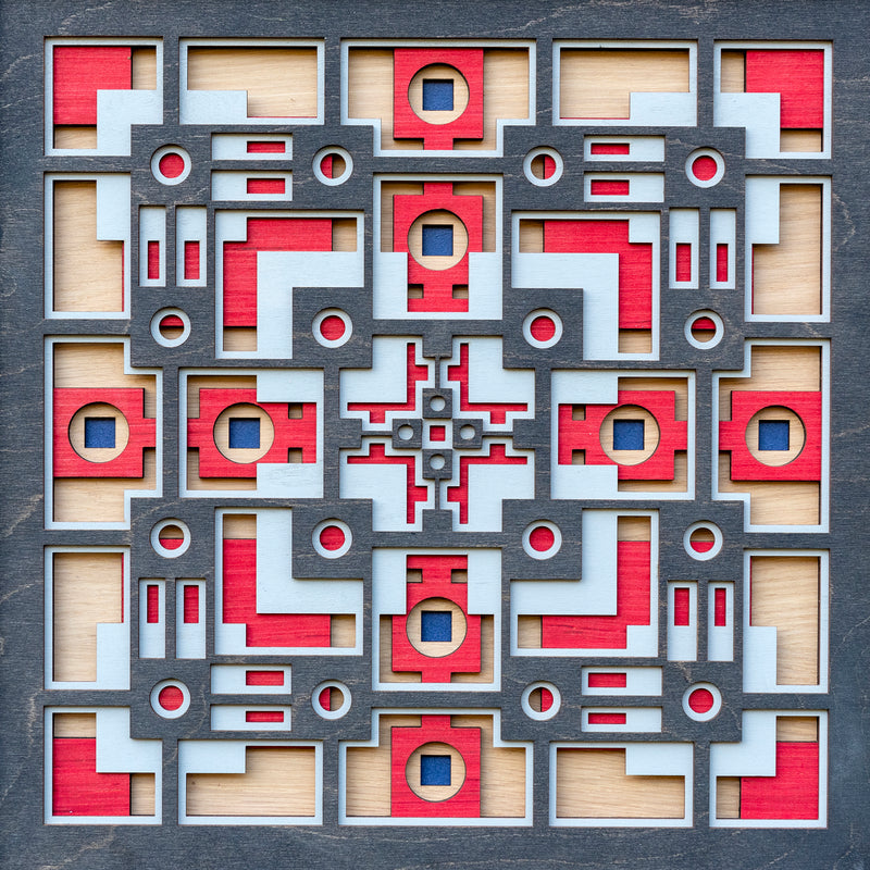 Noughts and crosses. A layered plywood artwork designed using geometric and symmetrical patterns. visually balanced wall art.