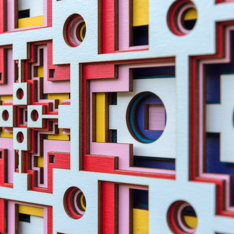 Noughts and crosses. An original multi layered artwork designed using geometric and symmetrical patterns. Unique statement wall décor.