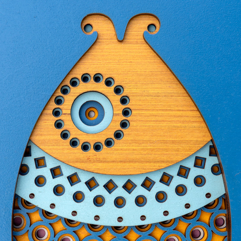An original Fish themed multi layered artwork designed using geometric patterns. Beautiful, quirky unique wall décor.