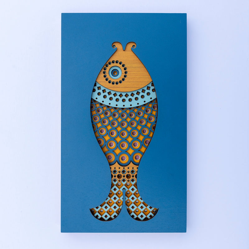 An original Fish themed multi layered artwork designed using geometric patterns. Beautiful, quirky unique wall décor.