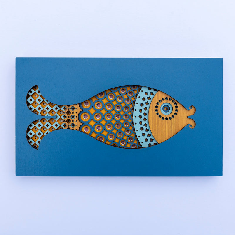An original Fish themed multi layered artwork designed using geometric patterns. Beautiful, quirky unique wall décor.