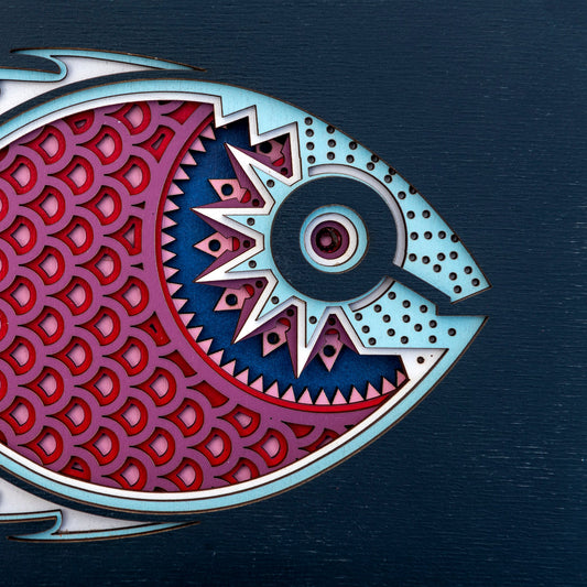 Sid (vicious.) An original Fish themed multi layered artwork designed using geometric patterns. Beautiful, quirky unique wall décor.