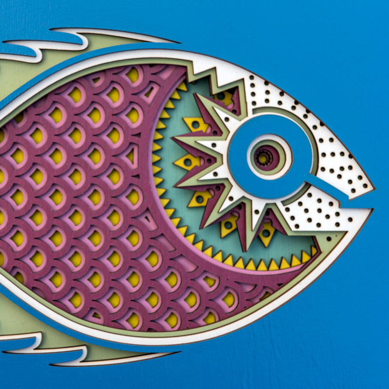 Sid (vicious.) An original Fish themed multi layered artwork designed using geometric patterns. Beautiful, quirky unique wall décor.