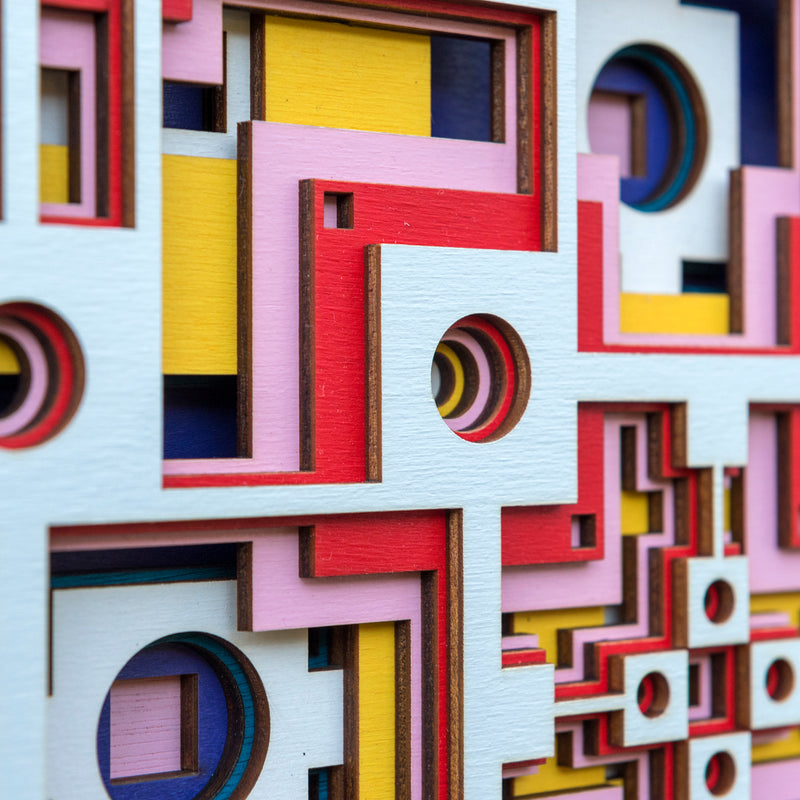 Noughts and crosses. An original multi layered artwork designed using geometric and symmetrical patterns. Unique statement wall décor.